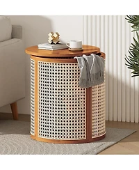 Rainsken Round Solid Wood Nightstand, Hollow Woven Bedside Table, Compact Accent End Table for Living Room, Bedroom