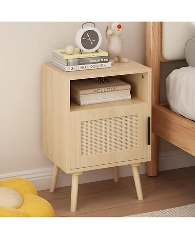 Rainsken Rattan Nightstand, Bedside End Table with Door Open Shelf, Side Table with Solid Wood Legs for Bedroom, Dorm and Small Spaces