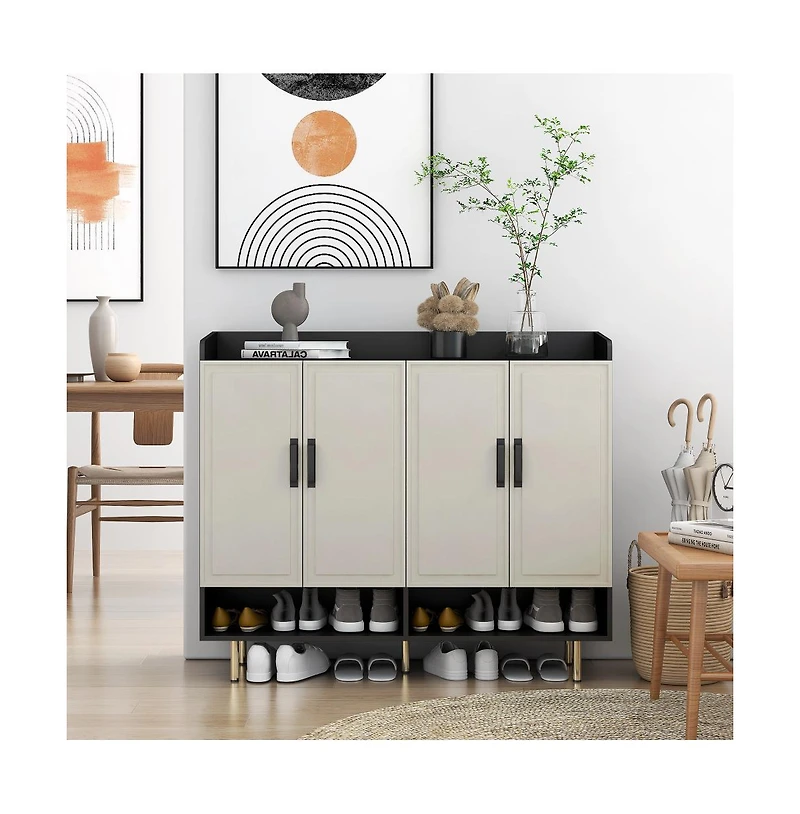 Rainsken Shoe Cabinet with 4 Doors Large Modern Shoe Storage Organizer Cabinet with Adjustable Shelves for Entryway Slim Shoe Rack Cabinet