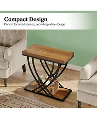 Rainsken Narrow 2-Tier Nightstand, Industrial Bedside Table with 2 Open Shelves and Metal Frame, Wood End Table for Living Room, Bedroom