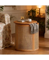 Rainsken Round Solid Wood Nightstand, Hollow Woven Bedside Table, Compact Accent End Table