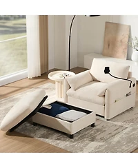 Rainsken 37" Single Sofa with Storage Ottoman, Chenille Armchair - Adjustable Phone Holder, Dual-Port Charger and Side Pockets for Living Room