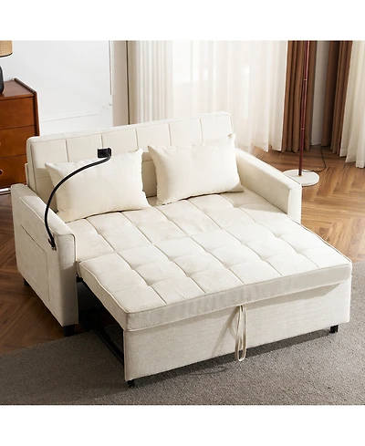 Rainsken 56.9" Loveseat Sofa Couch, Pull-Out Sleeper Bed with a Reversible Backrest Cushion, 2 Usb Ports and Phone Holder for Living Room