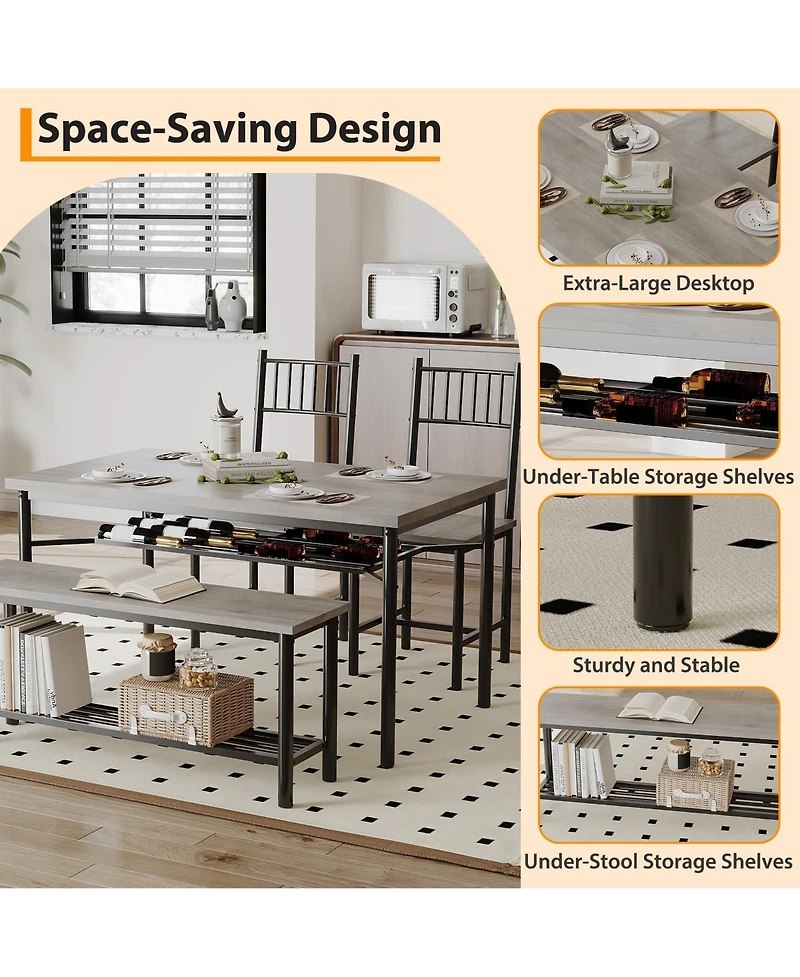 gaomon 4 Piece Dining Table Set, Rectangular Kitchen Set with Upholstered Chair & Storage Benches