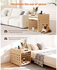 Sugift 26-Inch Width Modern Oak Dog Crate Furniture with Charging Station, Large Kennel Indoor Wood Pet End Side Table Cage