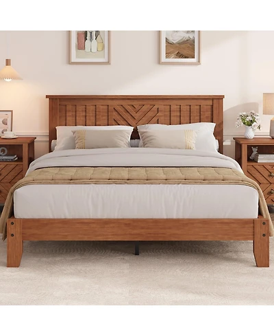 gaomon Queen Light Wooden Platform Bed Frame with V-Pattern Headboard and Under-Bed Storage