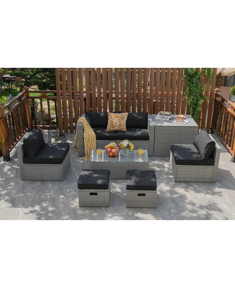 Gouun 8-Piece Rattan Sectional Set with Nesting Storage and Cover