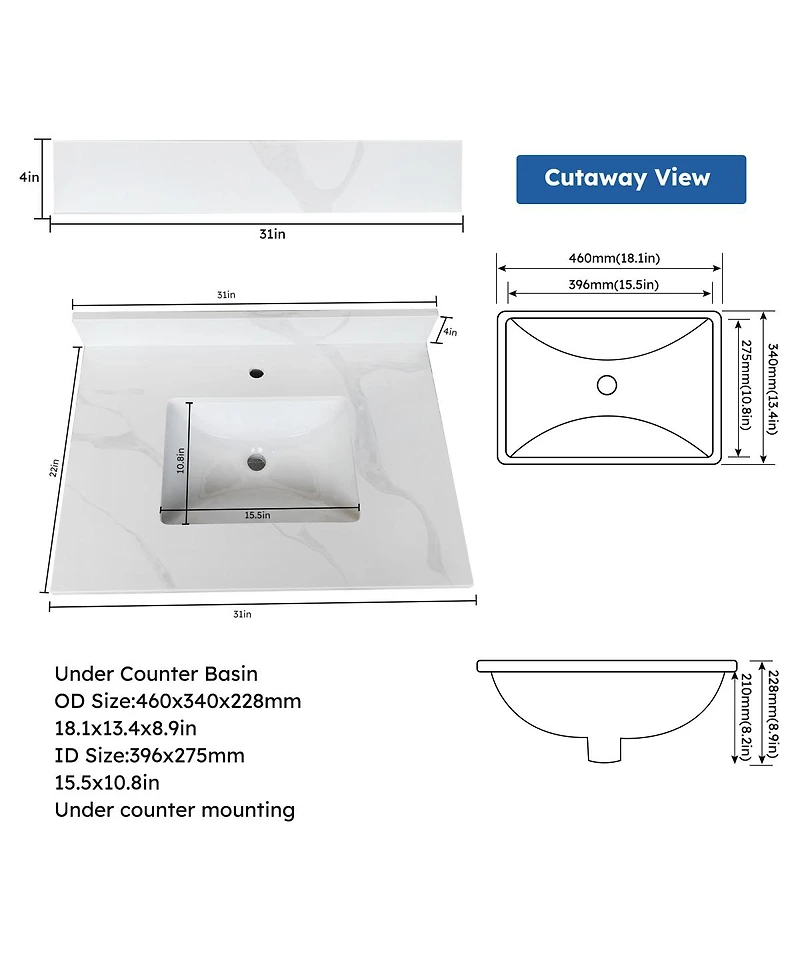 Sillysis Quartz Bathroom Vanity Top with Undermount Sink, Carrara Style, 4" Backsplash, 1 Faucet Hole, 31/37/43 Inch