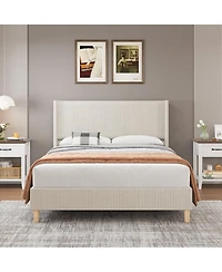 gaomon Wingback Bedframe, Corduroy Upholstered Bed Frame, No Box Spring Needed, Solid Wooden Slats