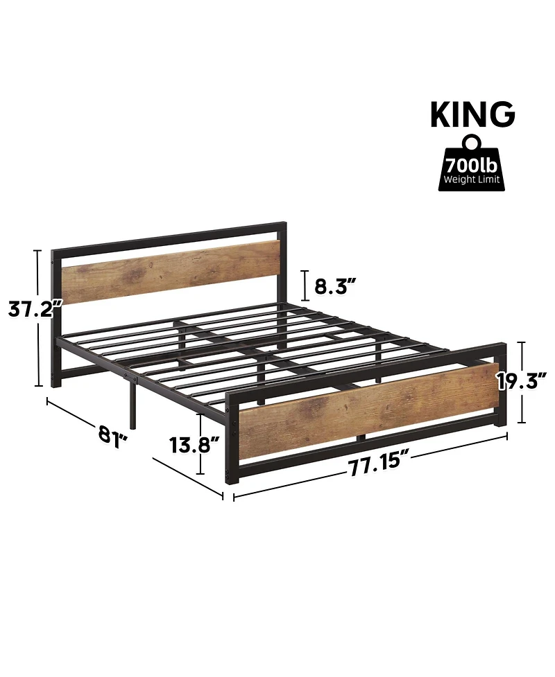 homfan Industrial Platform Bed Frame with Wooden Headboard and Footboard, 13.8 Inch Underbed Space, No Box Spring Needed