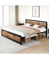 homfan Industrial Platform Bed Frame with Wooden Headboard and Footboard, 13.8 Inch Underbed Space