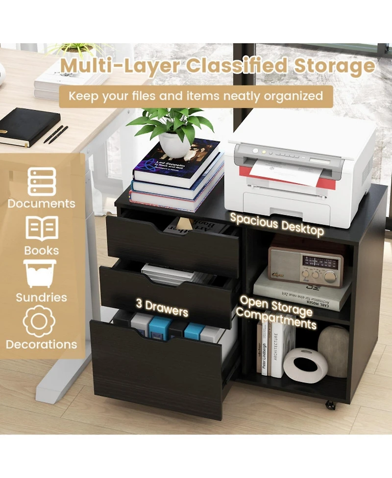 Gouun 3-Drawer Filing Cabinet 32 Inch with Adjustable Shelf and Lockable Wheels