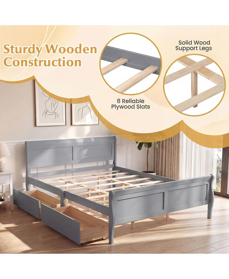 Slickblue Wooden Bed Frame with Built-In Storage Drawers and Footboard