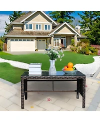 Clihome 30.75" Outdoor Patio Coffee Table Tempered Glass Top Rattan Table