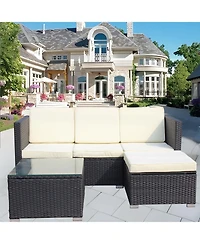 Clihome 5 Piece Pe Rattan Patio Furniture Set, Outdoor Wicker Sectional Sofa with Cushion, Tempered Glass Coffee Table and Ottoman