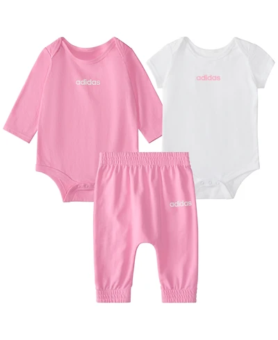 adidas Baby Girls' Crewneck Bodysuit and Pants, 3-Piece Set