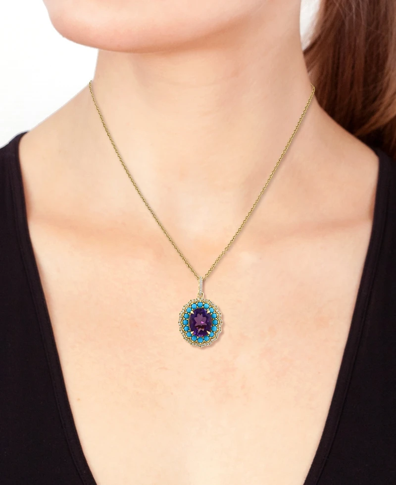 Effy Collection Amethyst (2-2/5 ct. t.w.), Turquoise (3/5 ct. t.w.) & Diamond (1/4 ct. t.w.) Pendant Necklace in 14k Yellow Gold