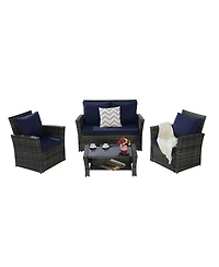 Clihome 4-Piece Outdoor Patio Furniture Set - Rattan Conversation Seating with Tempered Glass Coffee Table