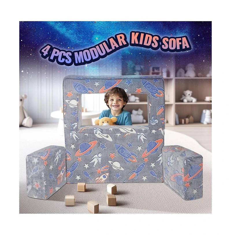 Sugift 4-Piece Modular Kids Play Couch with Glow-in-the-Dark Fabric and Washable Covers
