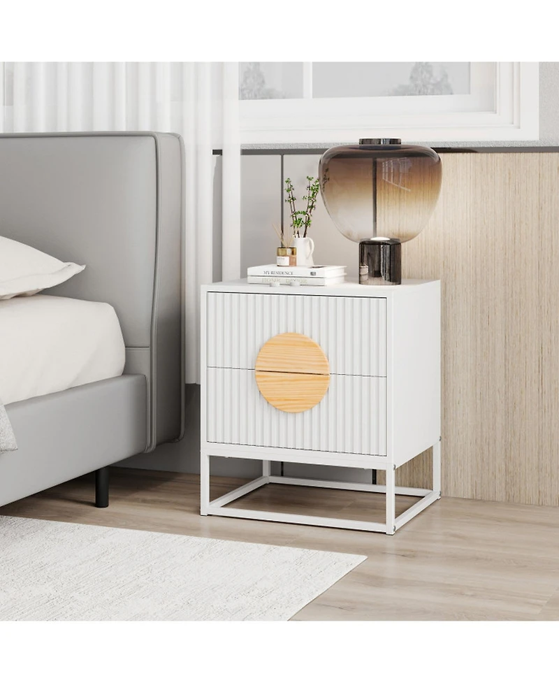 Gouun Mid-Century Fluted 2-Drawer Nightstand with Pine Wood Handles