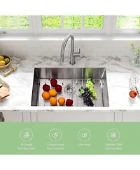 Gaomon Undermount Kitchen Sink 16 Gauge 304 Stainless Steel Single Bowl Deep Flat Bottom with Grid and Drain Kit