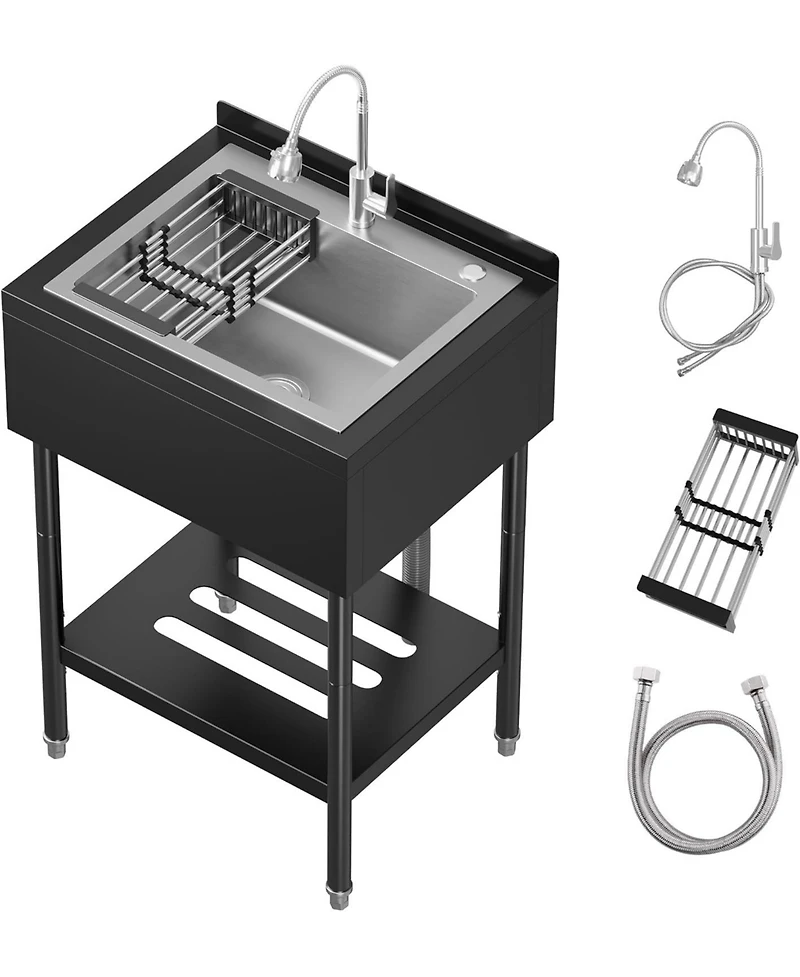 Gaomon Freestanding Stainless Steel Utility Sink Single Bowl with Pull-Out Hot and Cold Faucet Shelf and Drain Basket