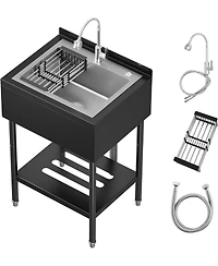 Gaomon Freestanding Stainless Steel Utility Sink Single Bowl with Pull-Out Hot and Cold Faucet Shelf and Drain Basket