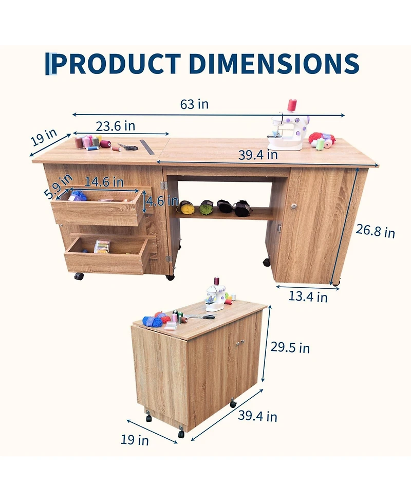 Gaomon Large Folding Sewing Table with Storage Shelves, Rolling Sewing Machine Table, Wooden Craft Station with Lockable Wheels for Small Spaces, Home