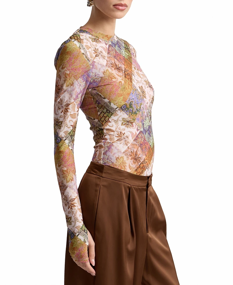 Avec Les Filles Women's Printed Long-Sleeve Mesh Top