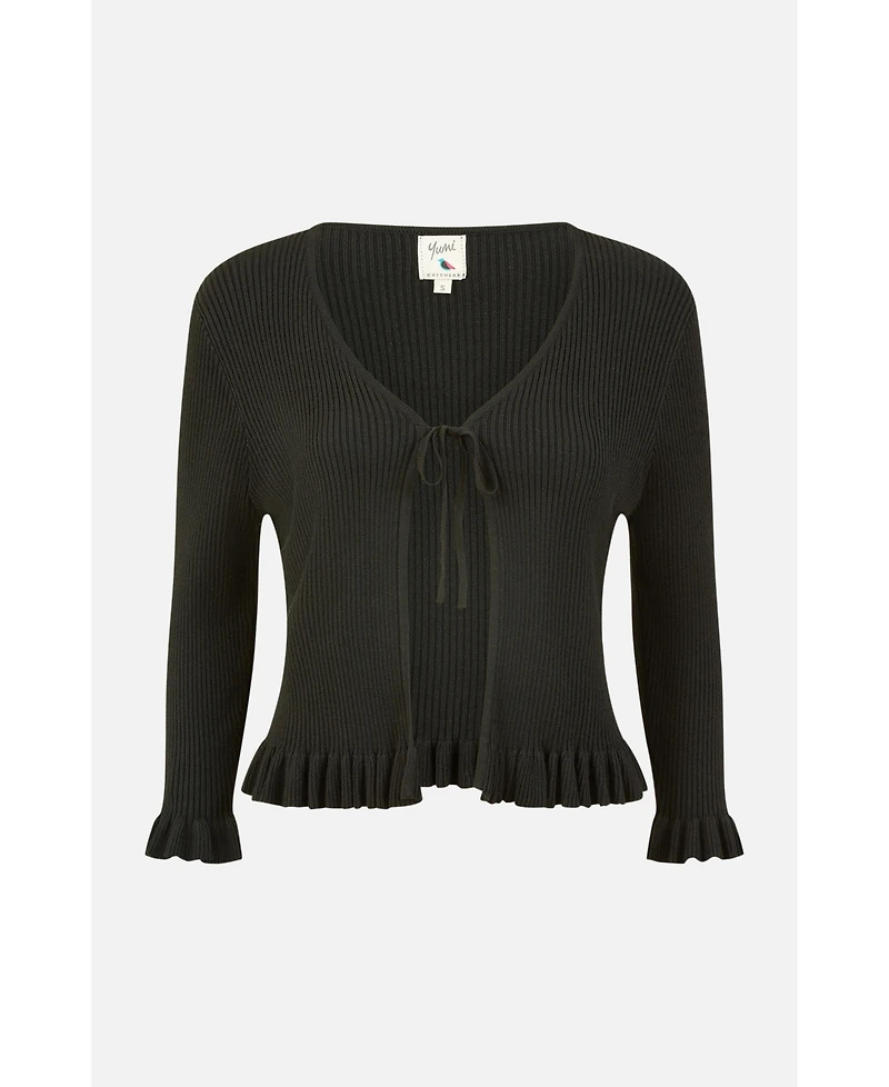 Yumi Women's Tie Front Frilled Hem Ribbed Cardigan