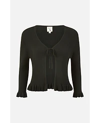 Yumi Women's Tie Front Frilled Hem Ribbed Cardigan