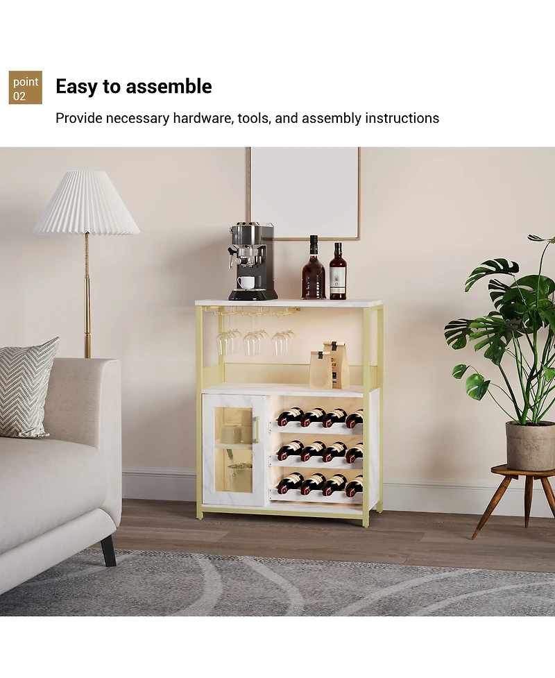 homfan Wine Cabinet with Led Lights, Freestanding Liquor Storage Rack for Living Room Kitchen Dining Room, Engineered Wood and Iron Bar Cabinet