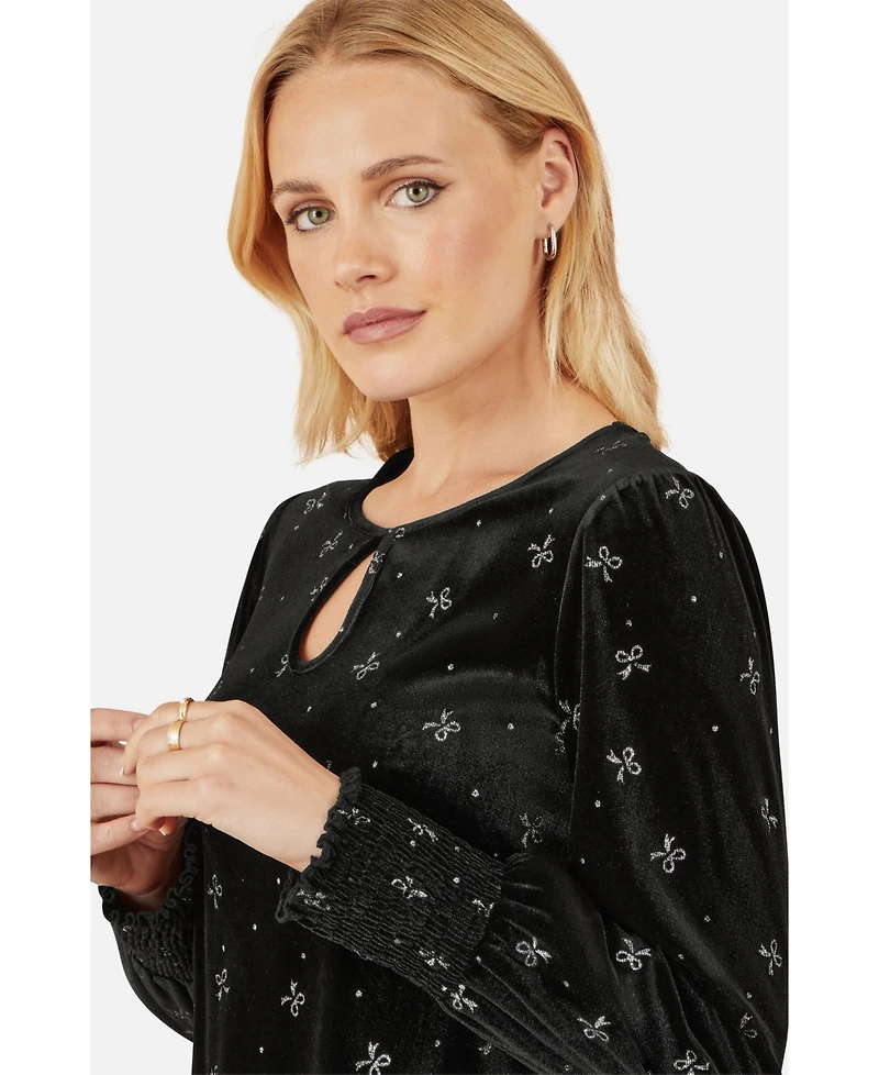 Yumi Women's Sparkle Bow Print Velvet Top