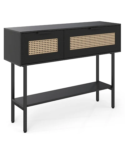 Slickblue Stylish Rattan Console Table with Storage Cabinets and Steel Frame Shelf