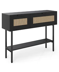 Slickblue Stylish Rattan Console Table with Storage Cabinets and Steel Frame Shelf