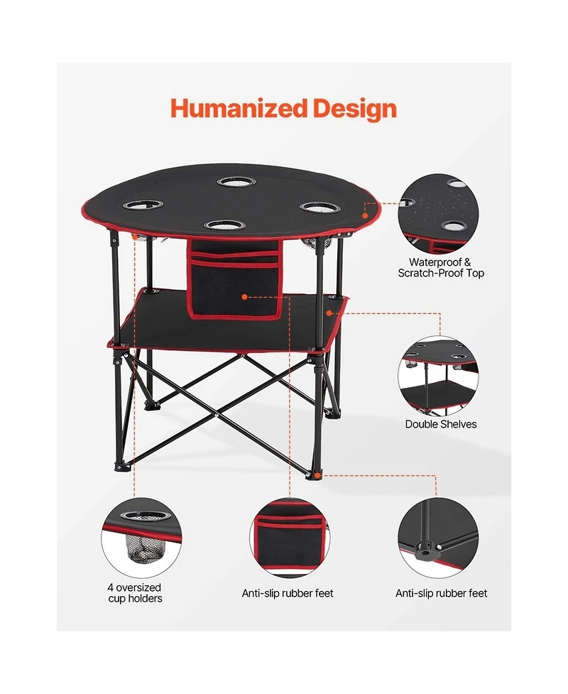 Sugift Folding Camping Table Portable Oxford Round Picnic Table 4 Cup Holders