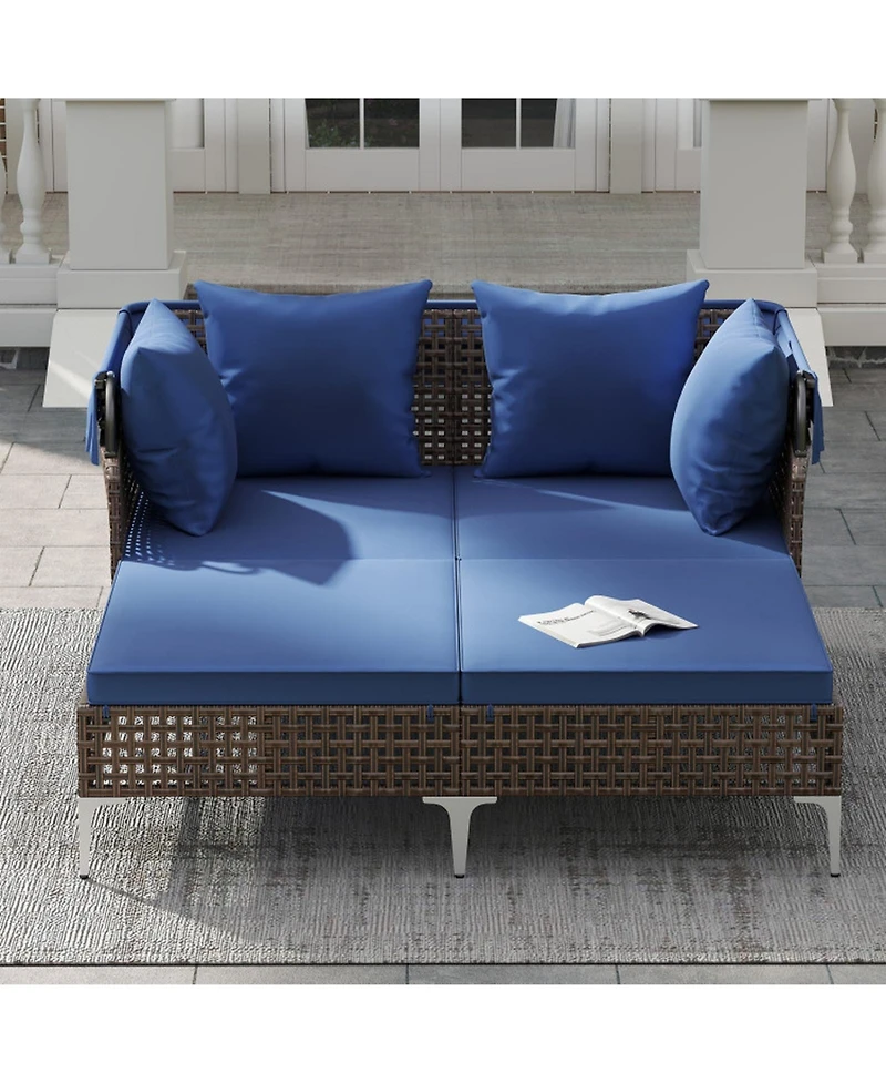 Sugift Outdoor Wicker Daybed with Retractable Canopy and Cushioned Double Seat, 60 in