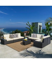 Asagikoiai Pe Rattan Outdoor Modular Sectional Sofa Set with Table and Cushions