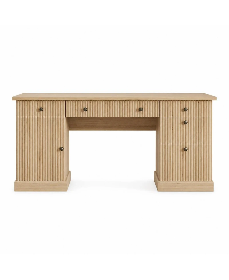 homfan 60" Fluted Modern Executive Desk with Charging Station, File Cabinet and Drawers