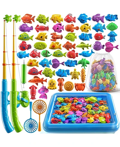 Gnuadz Fishing Game Pool Set with Inflatable Pole Rod Net Floating Fish for Kids Water Play