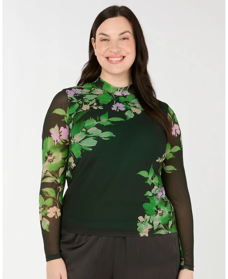 Estelle Women's Fiora Floral Sheer Long Sleeve Mock Neck Mesh Top