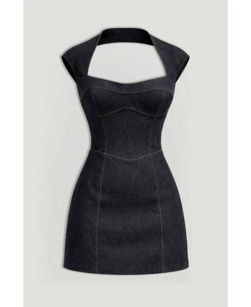 Nocturne Women's Backless Mini Denim Dress with Built-In Cup Detail