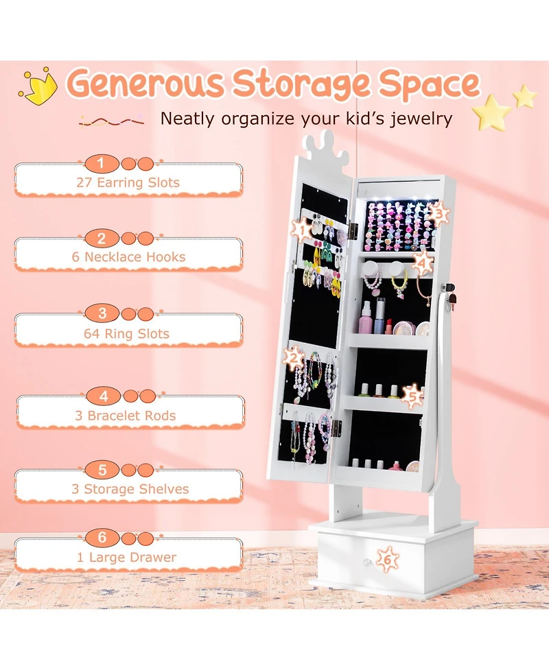 Sugift Kids Jewelry Armoire with Full-Length Lighted Mirror and Inside Led Lights