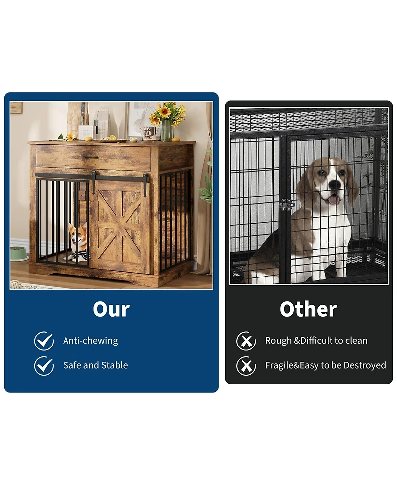 gaomon Dog Crate Furniture with 2 Storage Drawers, 4 Deep Shelves, Farmhouse Extra Large Wooden Dogs Cage End Table