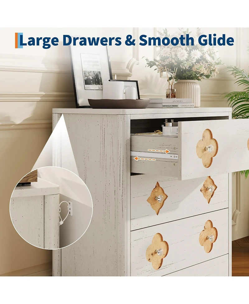 homfan 3-Drawer Vertical Dresser with Floral Cutout and Crystal Knobs