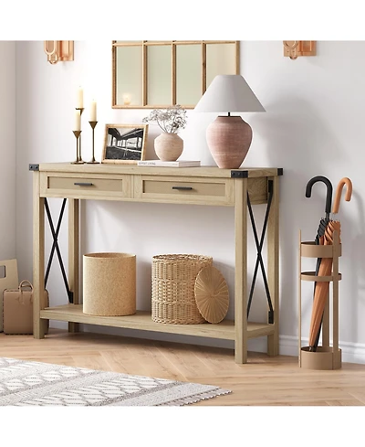 homfan Entryway Console Table with Rattan Drawers and Storage Shelf