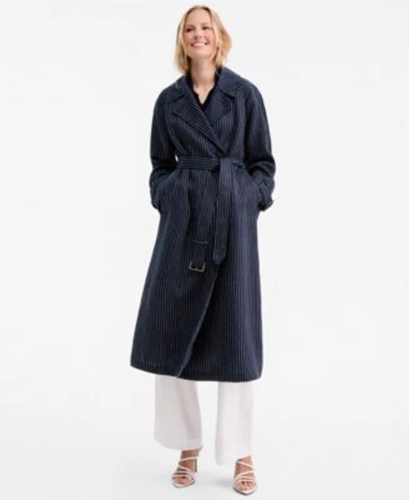 Tommy Hilfiger Womens Nautical Stripe Trench Coat Pointelle Collar V Neck Sweater Cotton Wide Leg Pants