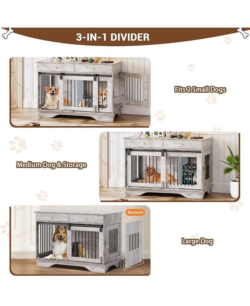 gaomon Dog Crate Furniture with 2 Drawers, Wooden End Table Indoor Dog House with Divider for Large Medium Small Dogs, Multi-Functional Tv Stand