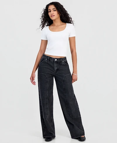 Madden Girl Juniors' High-Rise Ultra 90s Wide-Leg Carpenter Jeans
