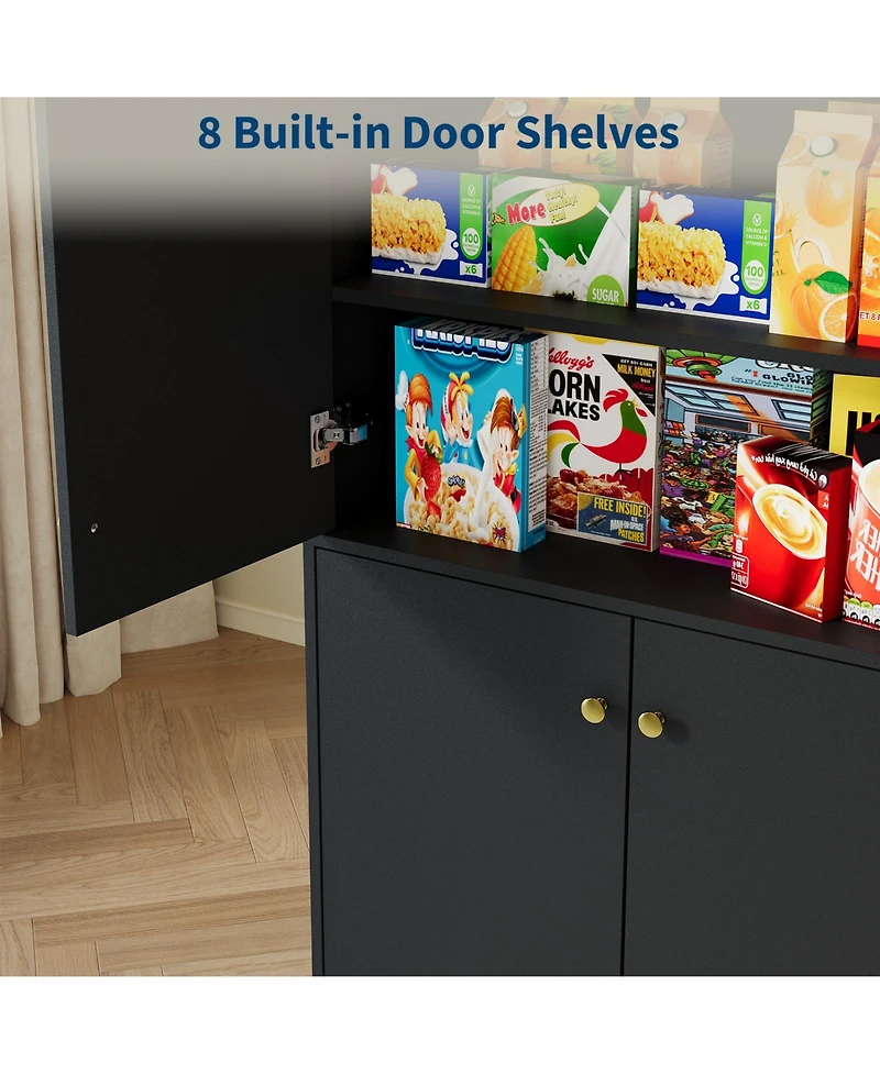 homfan 68" Black Kitchen Pantry Cabinet - 4 Adjustable Shelves and 4 Doors, Freestanding Storage for Kitchen or Living Room